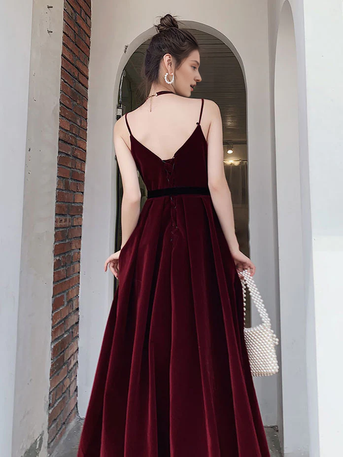 Simple Burgundy Velvet Prom Dresses Floor Length Sweetheart Neck Spaghetti Straps Prom Dress
